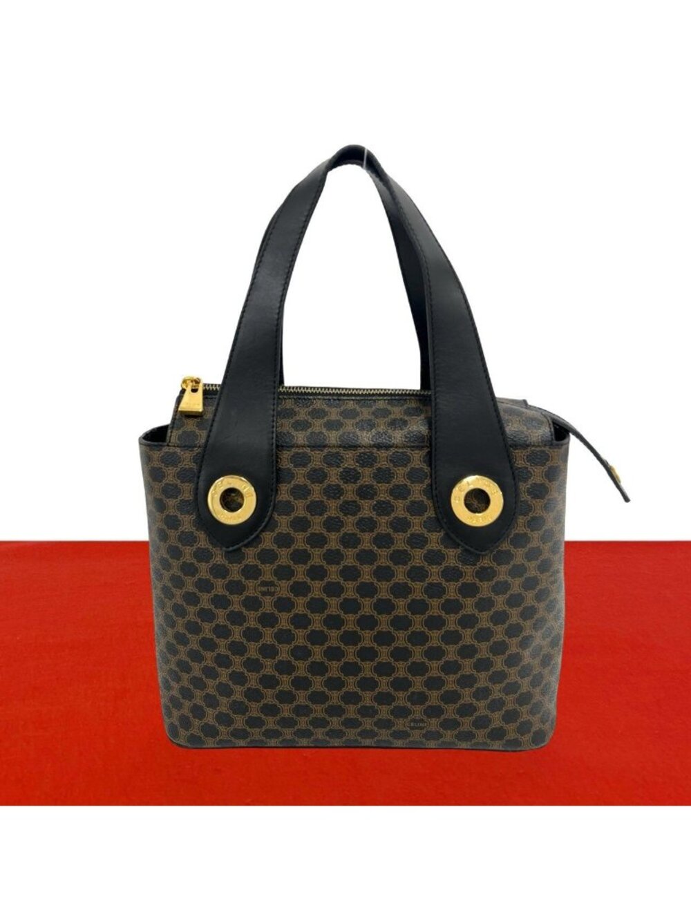 Celine Vintage Circle Logo Macadam Pattern Leather Handbag Mini Tote Brown Black